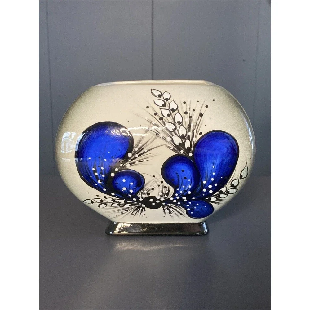 Art Pottery Studio Planter Vase Hand Painted Blue Floral Abstract Artist Signed